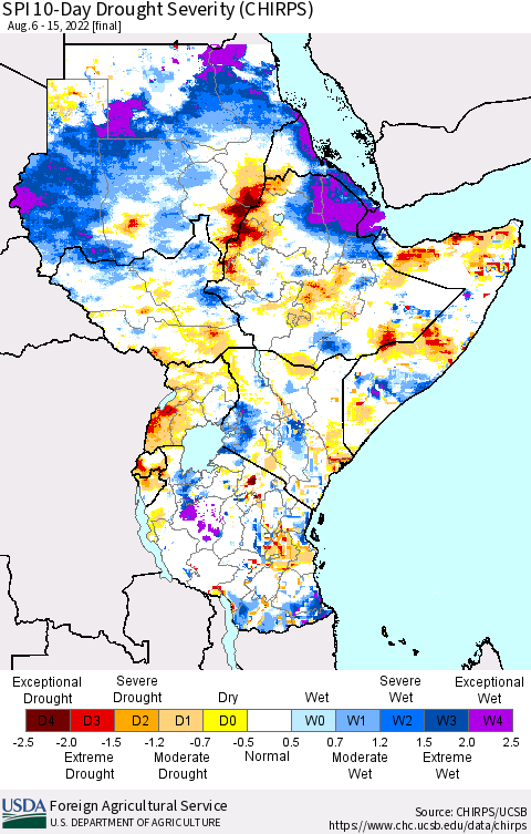 Eastern Africa SPI 10-Day Drought Severity (CHIRPS) Thematic Map For 8/6/2022 - 8/15/2022