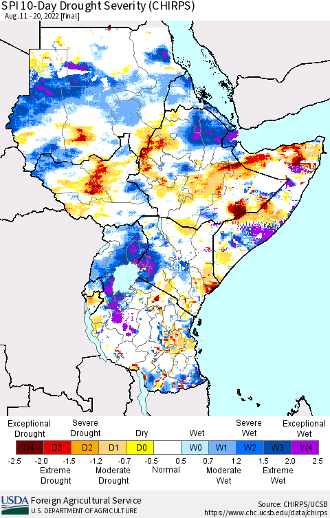 Eastern Africa SPI 10-Day Drought Severity (CHIRPS) Thematic Map For 8/11/2022 - 8/20/2022