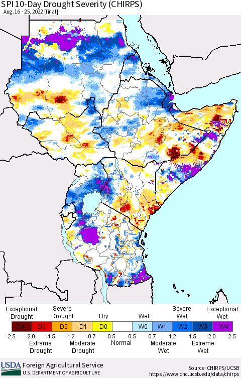 Eastern Africa SPI 10-Day Drought Severity (CHIRPS) Thematic Map For 8/16/2022 - 8/25/2022
