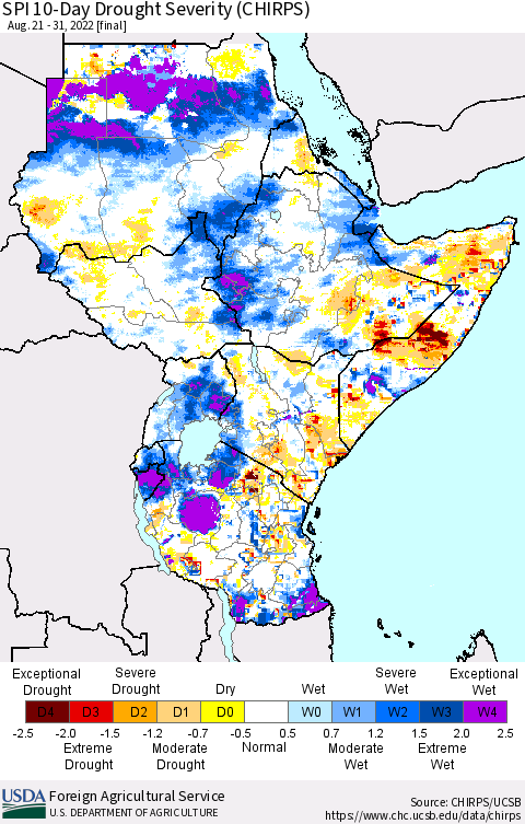 Eastern Africa SPI 10-Day Drought Severity (CHIRPS) Thematic Map For 8/21/2022 - 8/31/2022