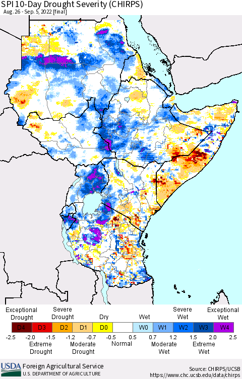 Eastern Africa SPI 10-Day Drought Severity (CHIRPS) Thematic Map For 8/26/2022 - 9/5/2022