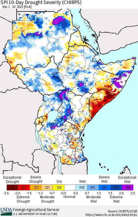Eastern Africa SPI 10-Day Drought Severity (CHIRPS) Thematic Map For 9/1/2022 - 9/10/2022