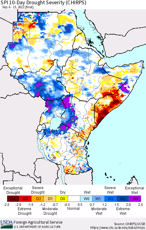 Eastern Africa SPI 10-Day Drought Severity (CHIRPS) Thematic Map For 9/6/2022 - 9/15/2022