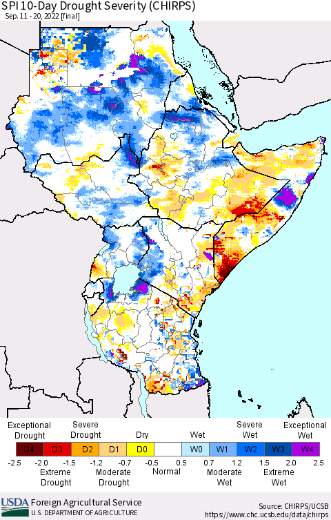 Eastern Africa SPI 10-Day Drought Severity (CHIRPS) Thematic Map For 9/11/2022 - 9/20/2022
