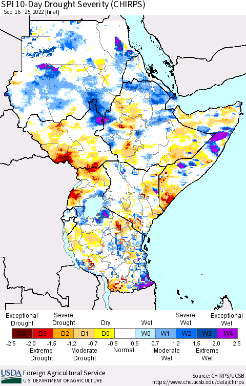 Eastern Africa SPI 10-Day Drought Severity (CHIRPS) Thematic Map For 9/16/2022 - 9/25/2022