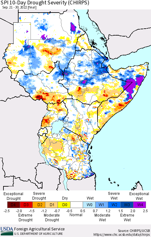 Eastern Africa SPI 10-Day Drought Severity (CHIRPS) Thematic Map For 9/21/2022 - 9/30/2022