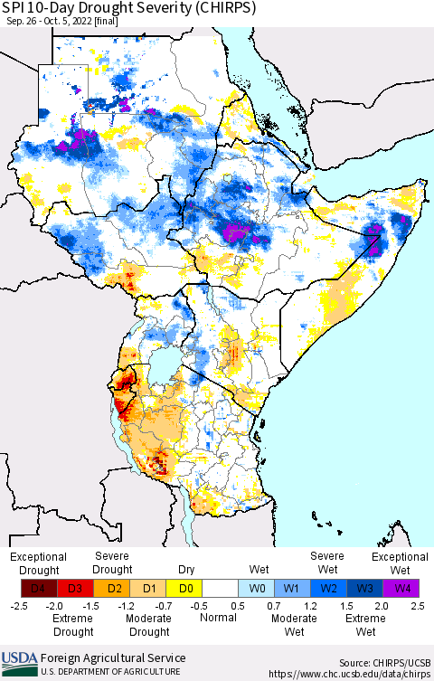 Eastern Africa SPI 10-Day Drought Severity (CHIRPS) Thematic Map For 9/26/2022 - 10/5/2022