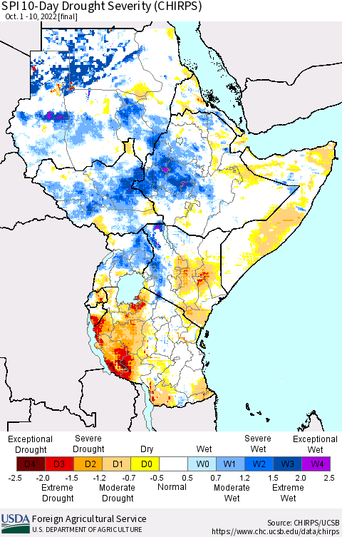 Eastern Africa SPI 10-Day Drought Severity (CHIRPS) Thematic Map For 10/1/2022 - 10/10/2022