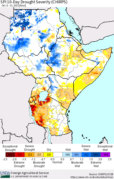 Eastern Africa SPI 10-Day Drought Severity (CHIRPS) Thematic Map For 10/6/2022 - 10/15/2022