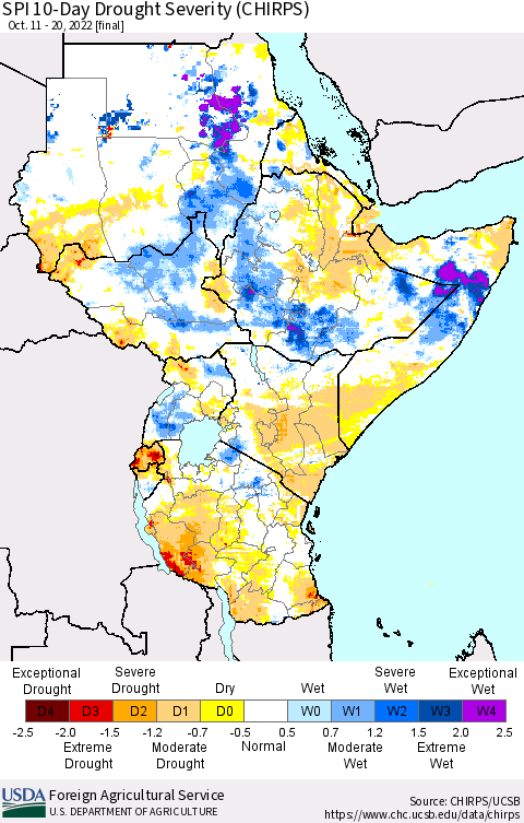Eastern Africa SPI 10-Day Drought Severity (CHIRPS) Thematic Map For 10/11/2022 - 10/20/2022