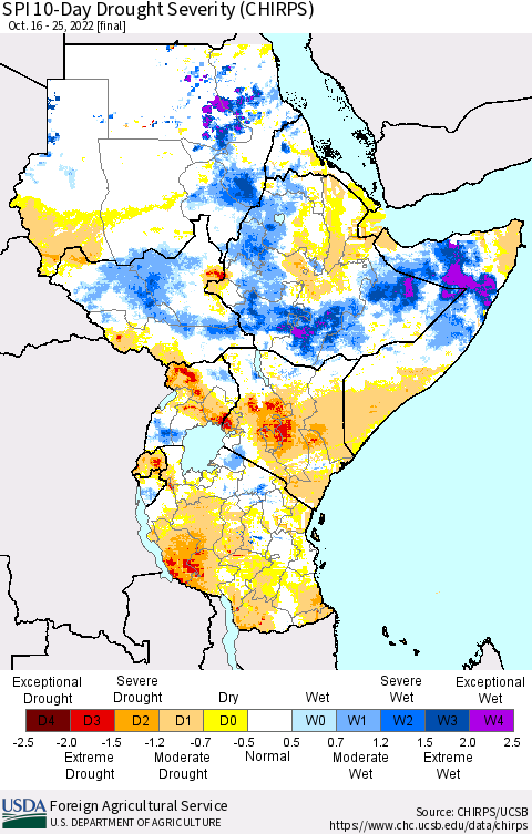 Eastern Africa SPI 10-Day Drought Severity (CHIRPS) Thematic Map For 10/16/2022 - 10/25/2022