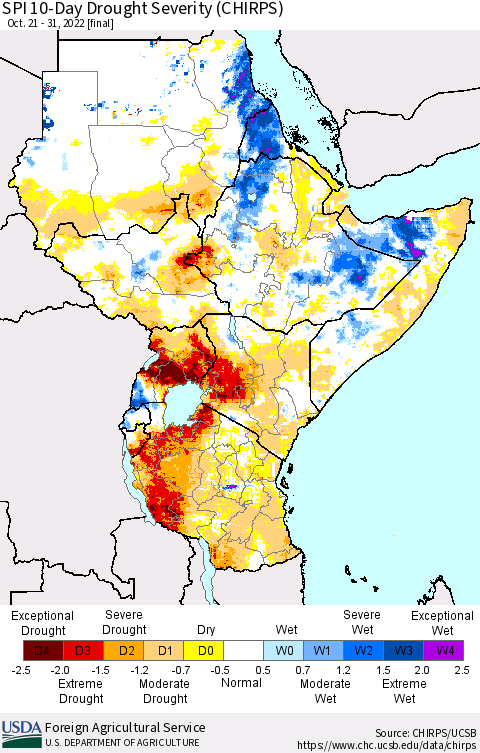Eastern Africa SPI 10-Day Drought Severity (CHIRPS) Thematic Map For 10/21/2022 - 10/31/2022