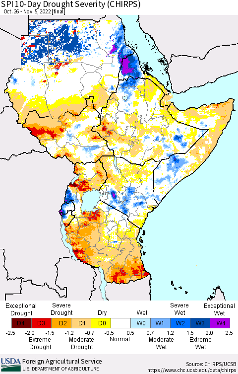 Eastern Africa SPI 10-Day Drought Severity (CHIRPS) Thematic Map For 10/26/2022 - 11/5/2022