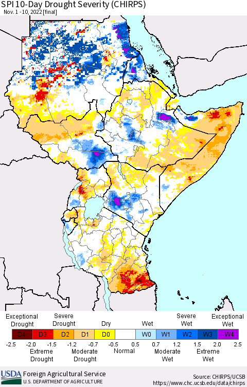 Eastern Africa SPI 10-Day Drought Severity (CHIRPS) Thematic Map For 11/1/2022 - 11/10/2022