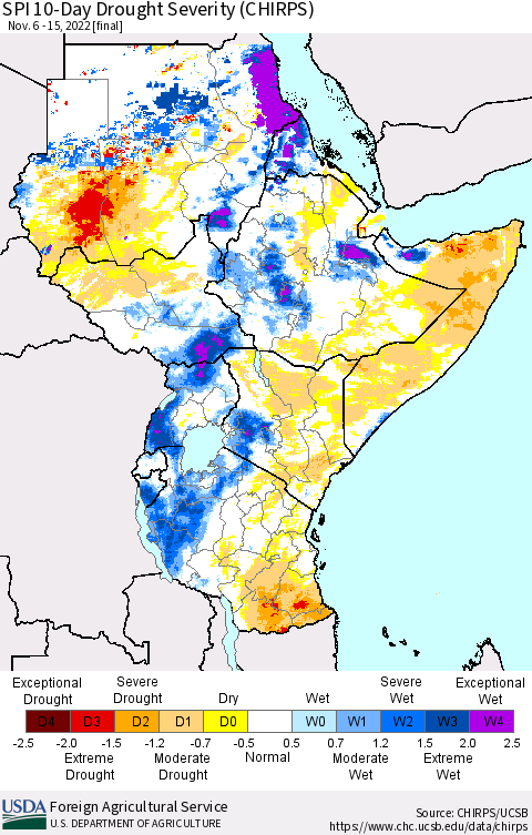Eastern Africa SPI 10-Day Drought Severity (CHIRPS) Thematic Map For 11/6/2022 - 11/15/2022