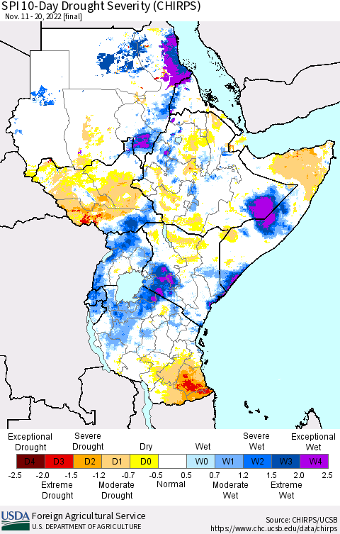 Eastern Africa SPI 10-Day Drought Severity (CHIRPS) Thematic Map For 11/11/2022 - 11/20/2022
