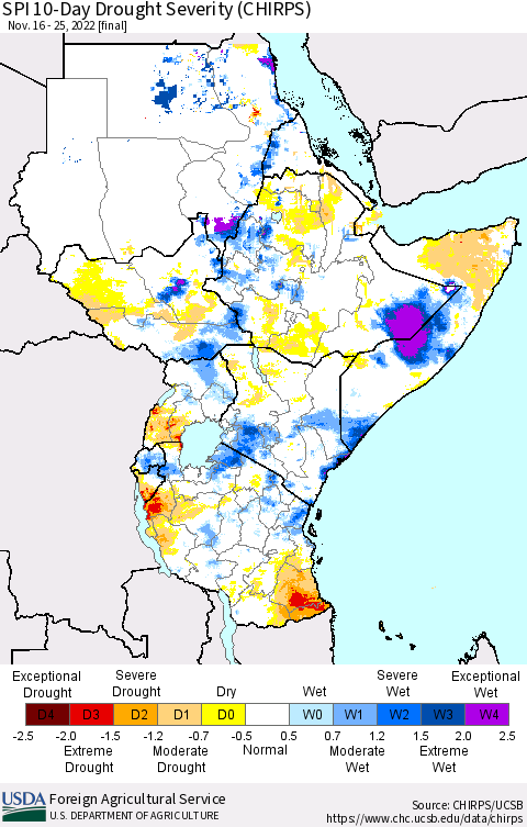 Eastern Africa SPI 10-Day Drought Severity (CHIRPS) Thematic Map For 11/16/2022 - 11/25/2022
