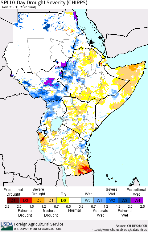 Eastern Africa SPI 10-Day Drought Severity (CHIRPS) Thematic Map For 11/21/2022 - 11/30/2022