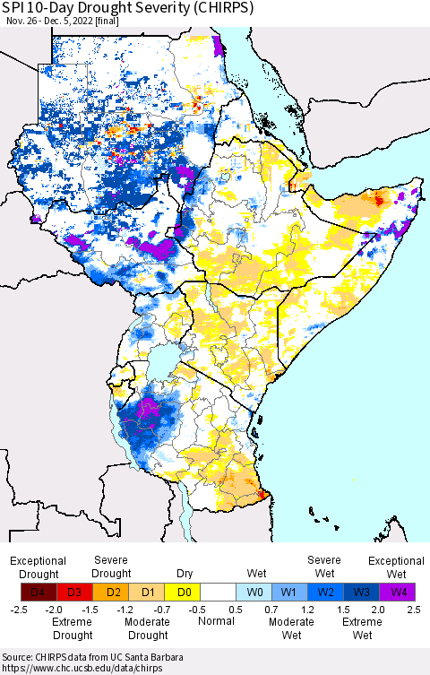 Eastern Africa SPI 10-Day Drought Severity (CHIRPS) Thematic Map For 11/26/2022 - 12/5/2022
