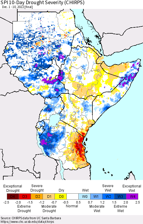 Eastern Africa SPI 10-Day Drought Severity (CHIRPS) Thematic Map For 12/1/2022 - 12/10/2022