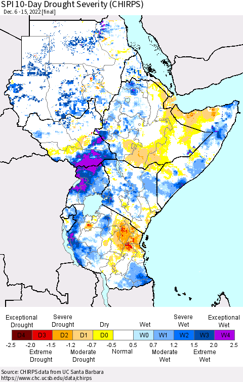 Eastern Africa SPI 10-Day Drought Severity (CHIRPS) Thematic Map For 12/6/2022 - 12/15/2022