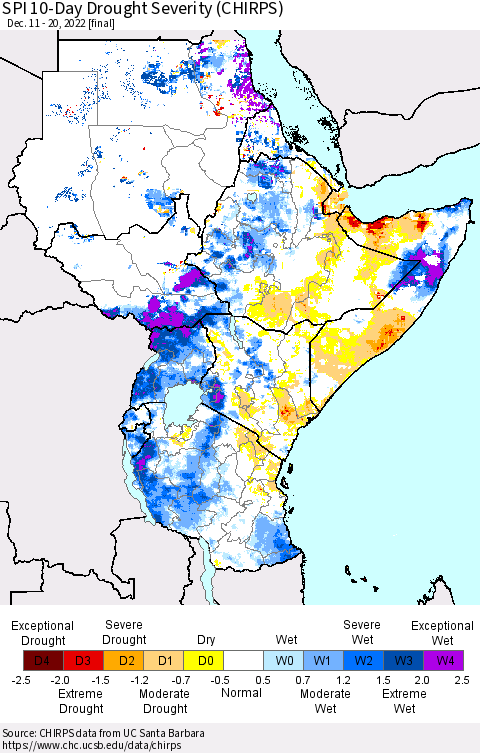 Eastern Africa SPI 10-Day Drought Severity (CHIRPS) Thematic Map For 12/11/2022 - 12/20/2022