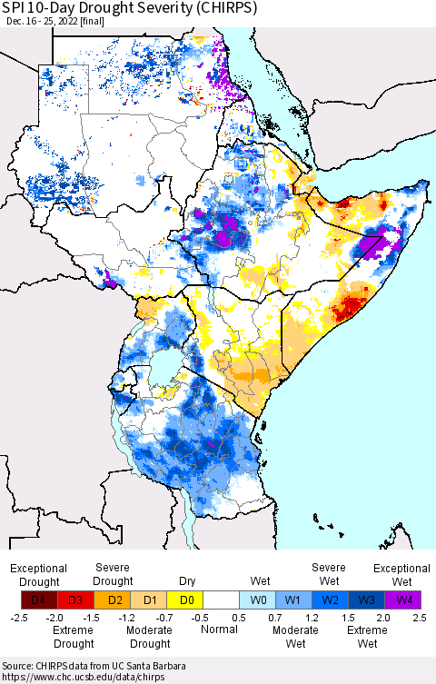 Eastern Africa SPI 10-Day Drought Severity (CHIRPS) Thematic Map For 12/16/2022 - 12/25/2022