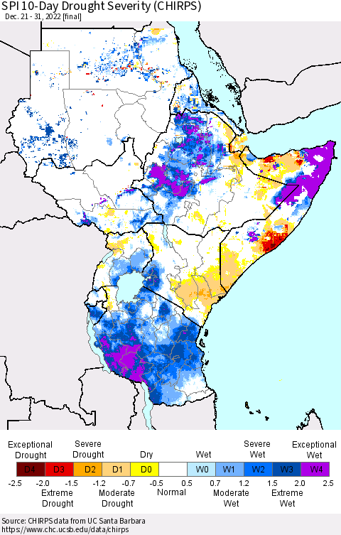 Eastern Africa SPI 10-Day Drought Severity (CHIRPS) Thematic Map For 12/21/2022 - 12/31/2022