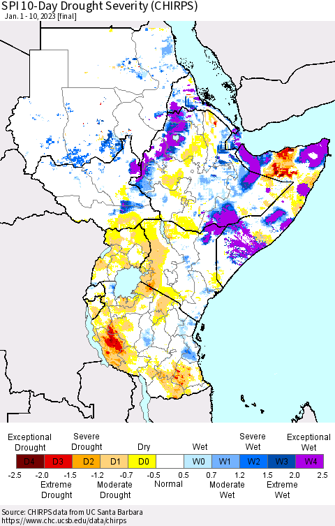 Eastern Africa SPI 10-Day Drought Severity (CHIRPS) Thematic Map For 1/1/2023 - 1/10/2023
