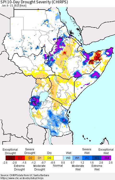 Eastern Africa SPI 10-Day Drought Severity (CHIRPS) Thematic Map For 1/6/2023 - 1/15/2023