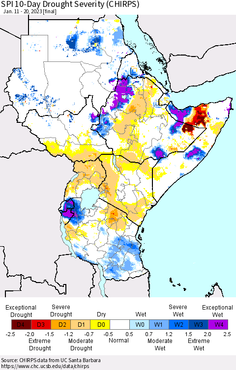 Eastern Africa SPI 10-Day Drought Severity (CHIRPS) Thematic Map For 1/11/2023 - 1/20/2023