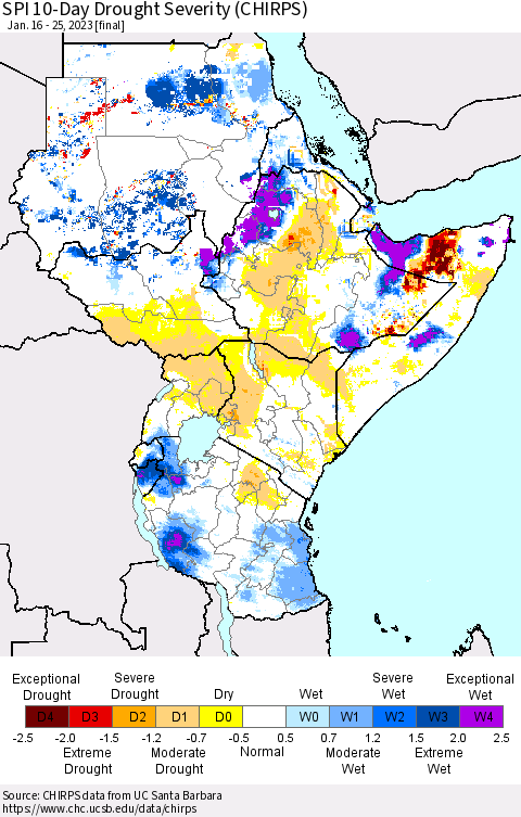 Eastern Africa SPI 10-Day Drought Severity (CHIRPS) Thematic Map For 1/16/2023 - 1/25/2023