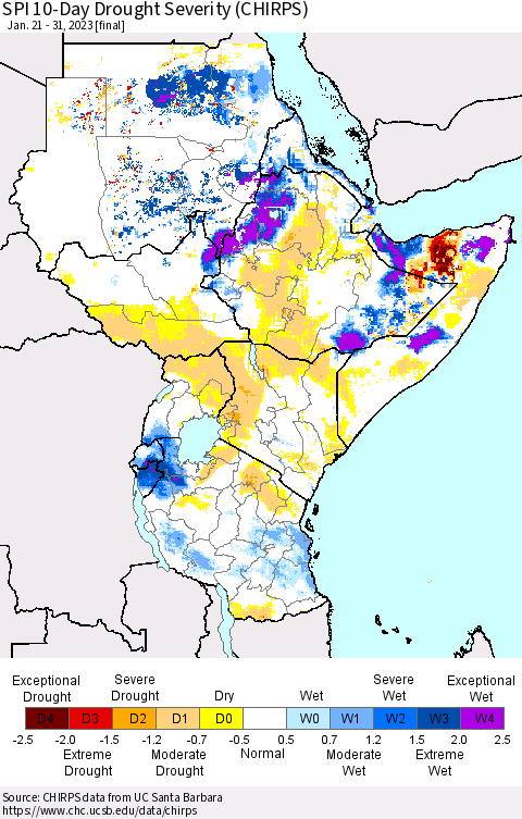 Eastern Africa SPI 10-Day Drought Severity (CHIRPS) Thematic Map For 1/21/2023 - 1/31/2023