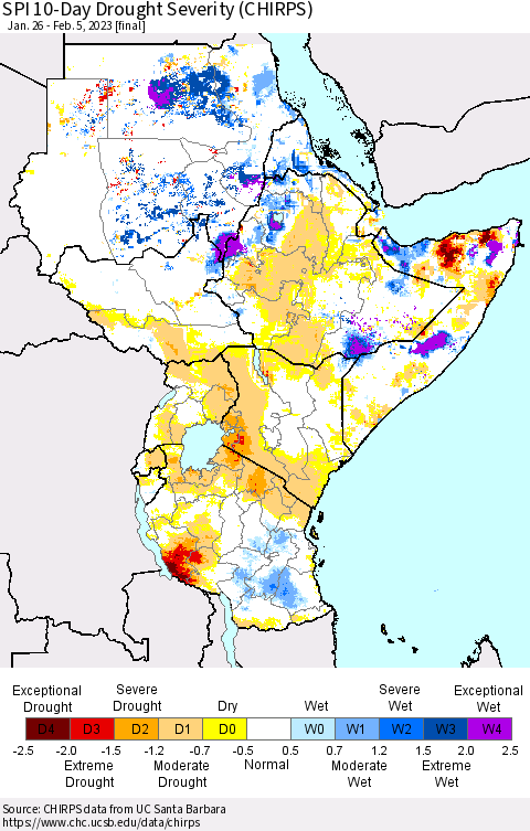 Eastern Africa SPI 10-Day Drought Severity (CHIRPS) Thematic Map For 1/26/2023 - 2/5/2023