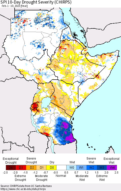 Eastern Africa SPI 10-Day Drought Severity (CHIRPS) Thematic Map For 2/1/2023 - 2/10/2023