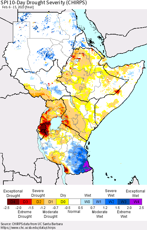 Eastern Africa SPI 10-Day Drought Severity (CHIRPS) Thematic Map For 2/6/2023 - 2/15/2023