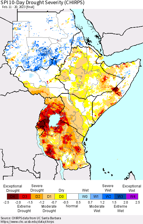Eastern Africa SPI 10-Day Drought Severity (CHIRPS) Thematic Map For 2/11/2023 - 2/20/2023
