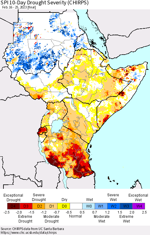 Eastern Africa SPI 10-Day Drought Severity (CHIRPS) Thematic Map For 2/16/2023 - 2/25/2023