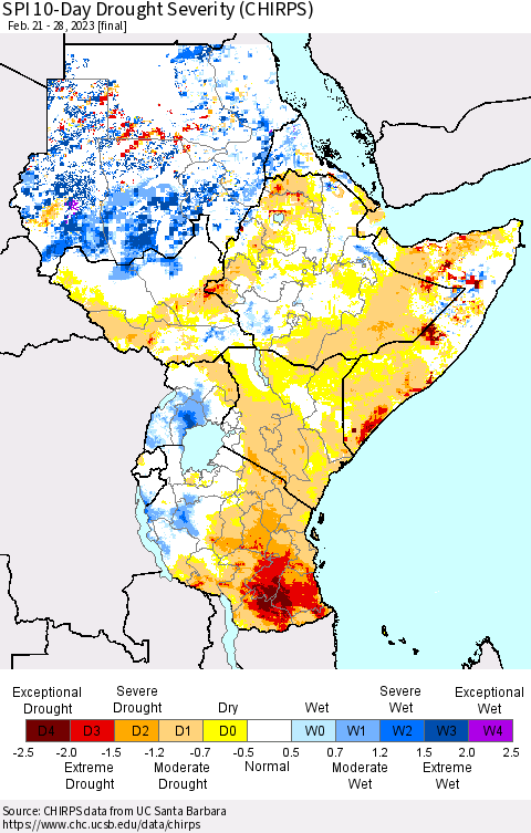 Eastern Africa SPI 10-Day Drought Severity (CHIRPS) Thematic Map For 2/21/2023 - 2/28/2023