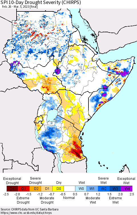 Eastern Africa SPI 10-Day Drought Severity (CHIRPS) Thematic Map For 2/26/2023 - 3/5/2023