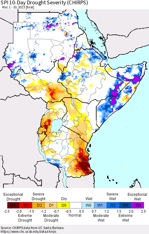 Eastern Africa SPI 10-Day Drought Severity (CHIRPS) Thematic Map For 3/1/2023 - 3/10/2023