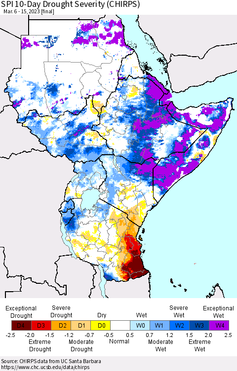 Eastern Africa SPI 10-Day Drought Severity (CHIRPS) Thematic Map For 3/6/2023 - 3/15/2023