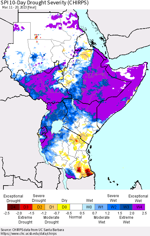 Eastern Africa SPI 10-Day Drought Severity (CHIRPS) Thematic Map For 3/11/2023 - 3/20/2023