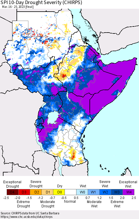 Eastern Africa SPI 10-Day Drought Severity (CHIRPS) Thematic Map For 3/16/2023 - 3/25/2023