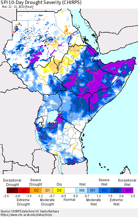 Eastern Africa SPI 10-Day Drought Severity (CHIRPS) Thematic Map For 3/21/2023 - 3/31/2023