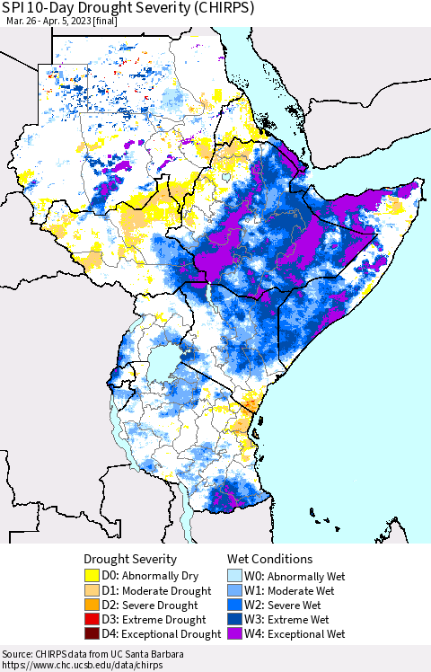 Eastern Africa SPI 10-Day Drought Severity (CHIRPS) Thematic Map For 3/26/2023 - 4/5/2023
