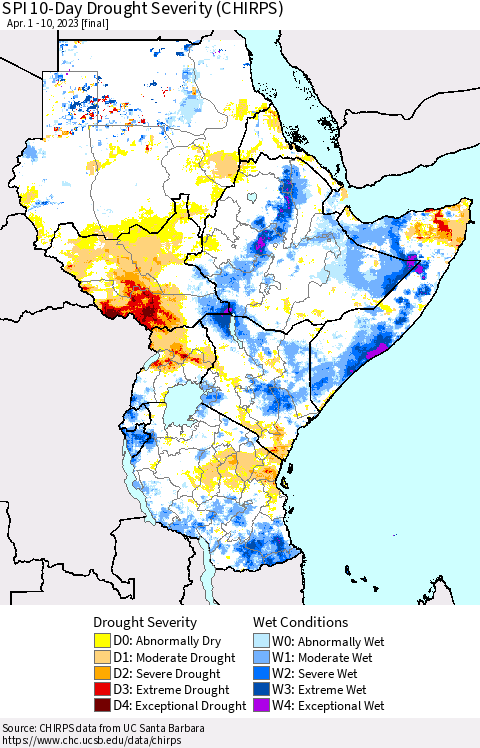 Eastern Africa SPI 10-Day Drought Severity (CHIRPS) Thematic Map For 4/1/2023 - 4/10/2023
