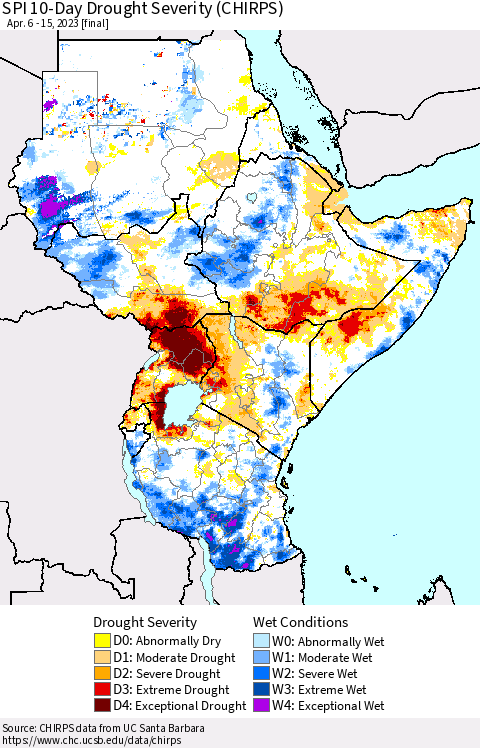 Eastern Africa SPI 10-Day Drought Severity (CHIRPS) Thematic Map For 4/6/2023 - 4/15/2023