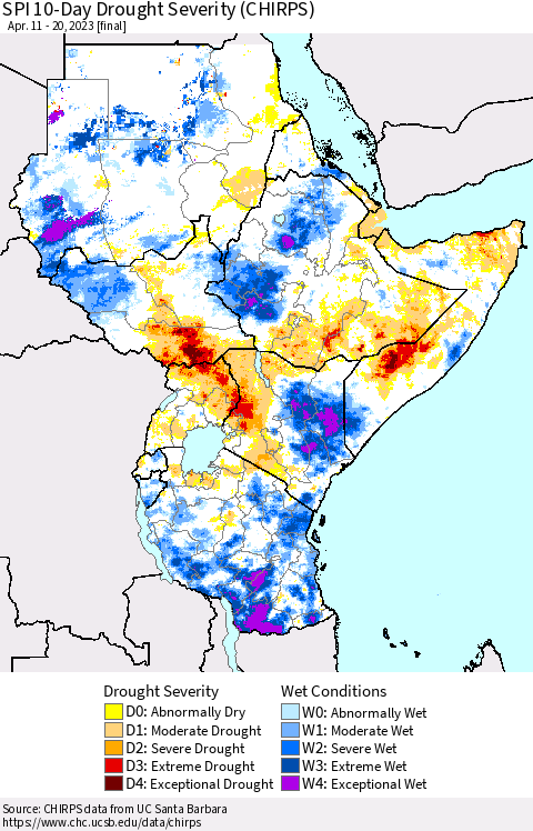 Eastern Africa SPI 10-Day Drought Severity (CHIRPS) Thematic Map For 4/11/2023 - 4/20/2023