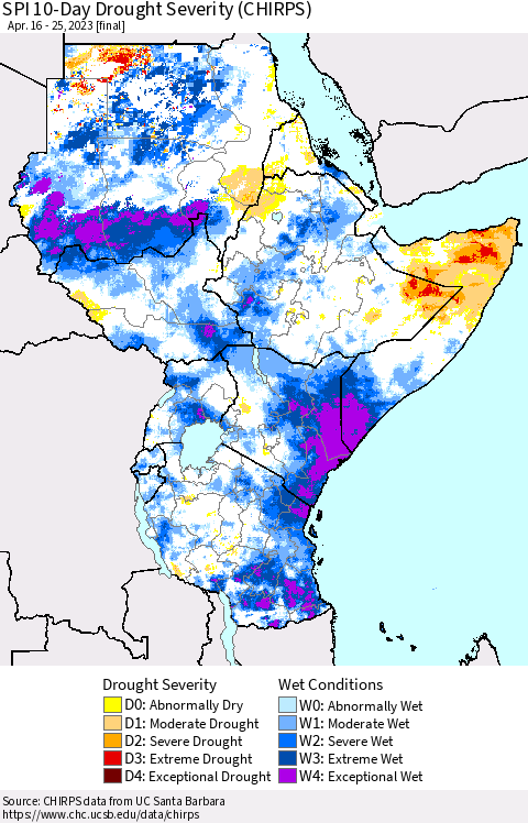 Eastern Africa SPI 10-Day Drought Severity (CHIRPS) Thematic Map For 4/16/2023 - 4/25/2023